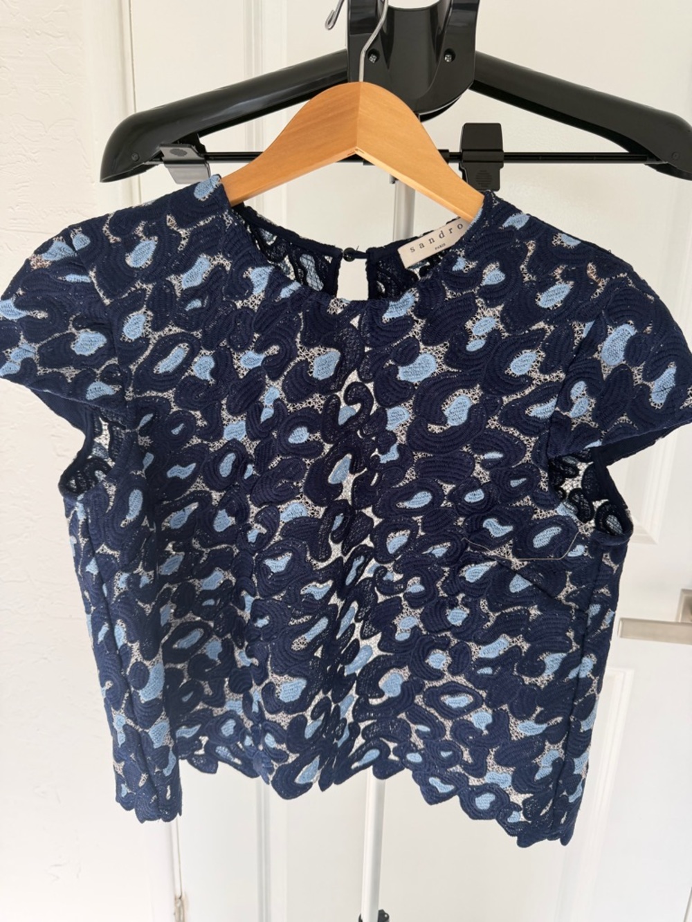 Sandro Navy Lace Overlay Top with Light Blue Pattern